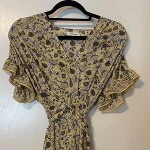 Max Studio Yellow Floral Ruffle-Sleeve Midi Wrap Dress